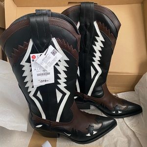 Zara Leather Cowboy Cowgirl Boots Brown Black White Western Size EUR 39 US 8